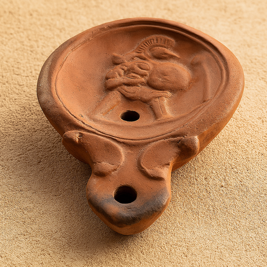 Detalle frontal de una lucerna con un gladiador