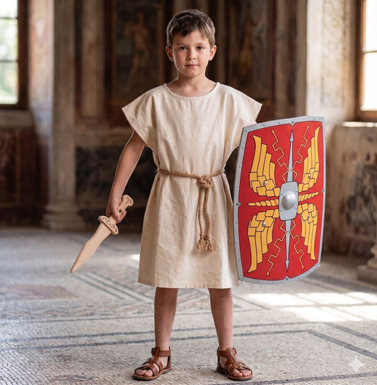 Niño vestido con túnica romana de color crudo, cinturón de cuerda un escudo de legionario romano rojo y un puñal romano de madera.