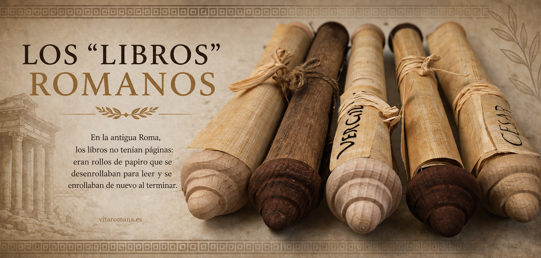 Banner Los libros Romanos con diferentes rollos de papiro. 