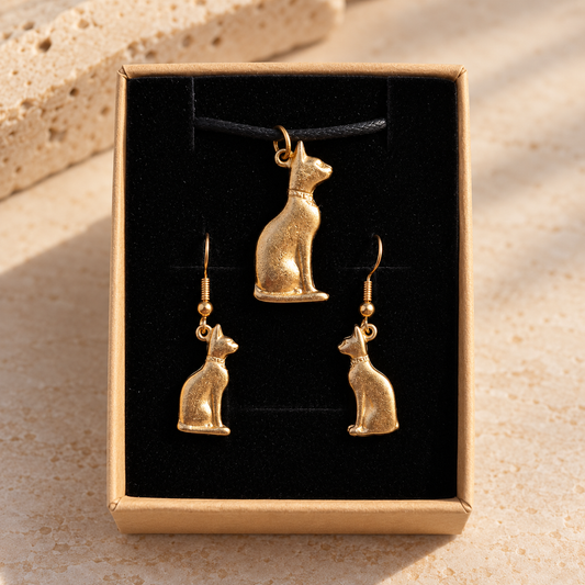 Conjunto de colgante y pendientes con gatos egipcios.